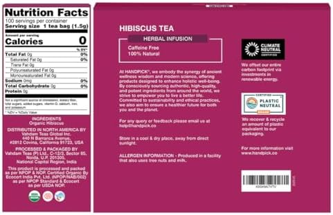 HANDPICK, Organic Hibiscus Tea Bags (100 Tea Bags) | Caffeine-Free, 100% Natural Pure Indian Hibiscus Flowers