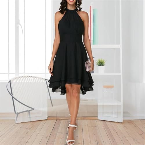 Women High Waist Sleeveless Midi Dress Solid Chiffon Layered Party Slim