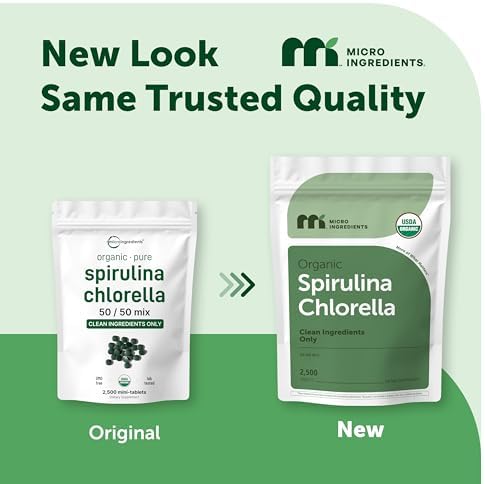 Micro Ingredients Organic Spirulina Chlorella Mini Tablets, 2,500 Tablets (8 Month Supply) | 50/50 Algae Blend | No Fillers, Non-GMO