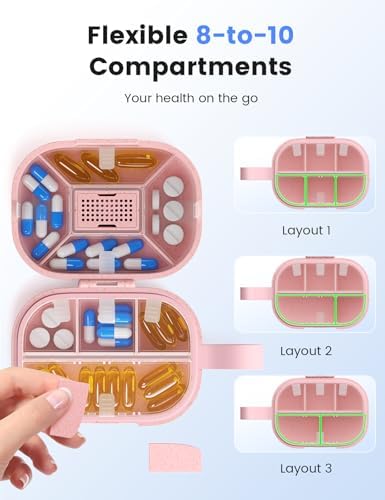 Travel Pill Organizer, Adjustable 8-10 Compartments Portable Pill Box, 7 Day Weekly Label Small Pill Case, Daily Medicine Container Kit Moisture Proof Vitamin Supplement for Pocket Purse-Pink