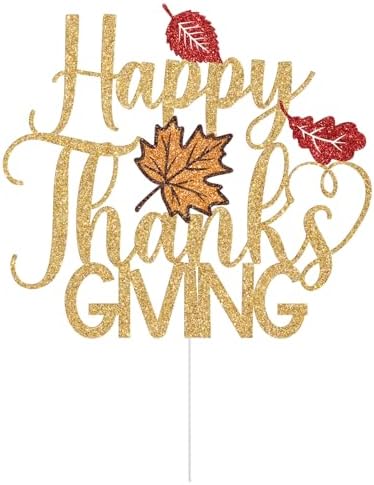 Happy Thanksgiving Cake Topper, Thankful Grateful Blessed Decor, Give Thanks, Fall Thanksgiving Autumn Festival Party Decorations, Gold Glitter