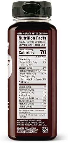 Date Lady Chocolate Syrup | Sweetened Only with Dates | Organic, Vegan, Kosher and Dairy Free | Drizzle on Ice Cream, Pour on Pancakes or Grab a Spoonful! | 1Squeeze Bottle (17oz)
