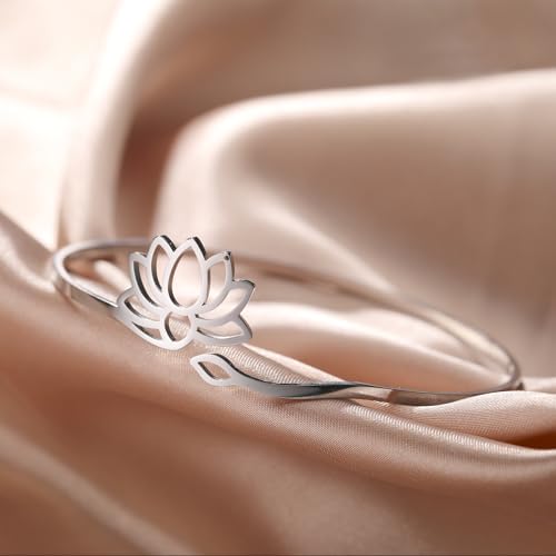 Dreamtimes Lotus Flower Bracelet for Women Encouragement Lotus Flower Adjustable Bracelet Vintage Jewelry Buddha Yoga Bracelet Stainless Steel Cuff Bangle