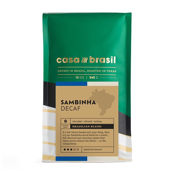 Casa Brasil Sambinha Decaf Coffee – Whole Bean, Medium Roast – Swiss Water Process – Chocolate, Almond, Nutmeg Notes – Caffeine-Free Brazilian Coffee – 12oz bag