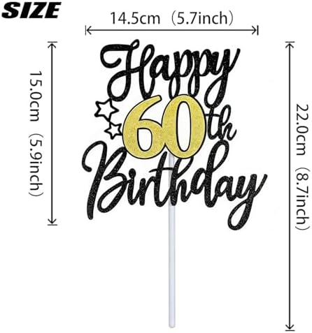 1 PCS Happy 60th Birthday Cake Topper, Black Gold Glitter Cheers to 60 Years Cake Topper, Cake Pick 60th Birthday Cake Decoration for Happy 60th Birthday Anniversary Party Decorations Supplies