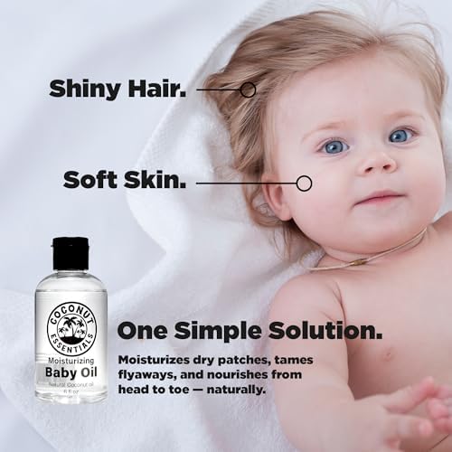 Coconut Essentials BABY OIL - Liquid Coconut oil (MCT) - No Mineral oil - Unscented Moisturizer - Infant & Newborn - Massage, Scalp Sensitive Skin, Eczema & Dry Skin Relief - Fragrance Free (6oz)