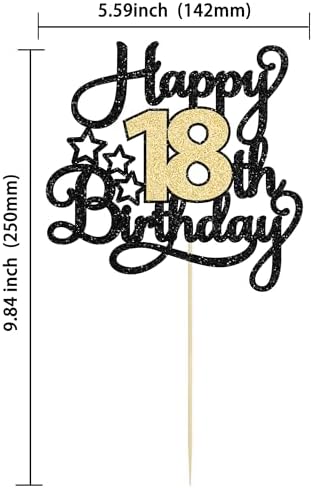 1Pc 18th Happy Birthday Cake Topper Glitter Cheers to 18 Years Birthday Cake Pick Cake Decoration for 18th Party Decoration Supplies Black Gold