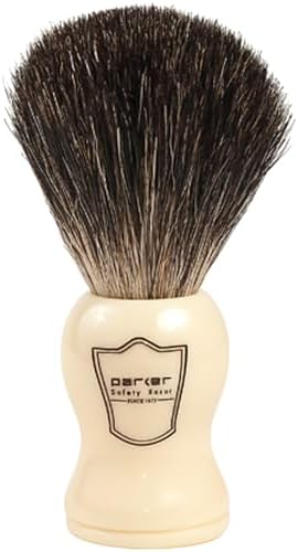 Parker 100% Black Badger Bristle Shaving Brush with White Handle–Extra Dense Badger Bristles Shave Brush Create a Superior Lather–Brush Stand Included