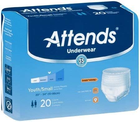 Attends Super Plus Absorbency Underwear-Size Youth/Small Waist/Hip 20" - 34" Weight 80-120 lb - Pack of 20
