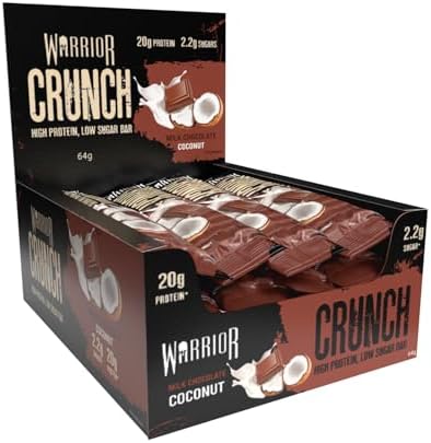 Warrior HIGH Protein Bars (20g Protein Each) - Low Carb, Low Sugar - Pack of 12 Caramel Crispy Crunch Bars - Milk Chocolate & Coconut
