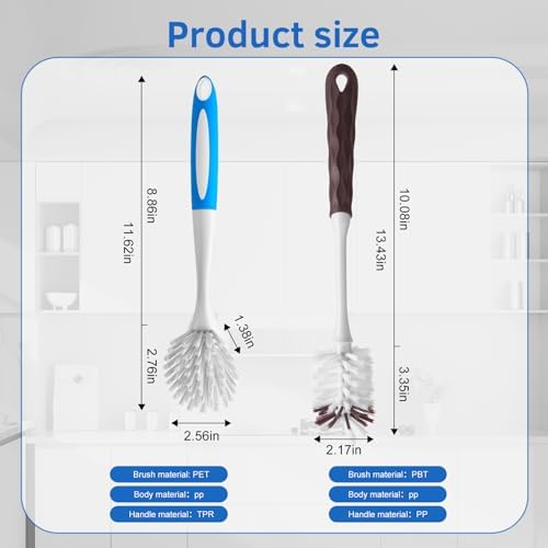 Long Handle Kitchen Cleaning Brush Set of 2, Long Handle Tableware Brush for Dishes, Sinks, pots, Pans, Long Handle Bottle Brush for Water Bottles, Glassware