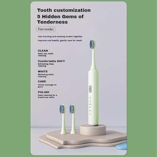 Electric Toothbrush for Adults, 5 Modes USB Rechargeable with 2 Extra Brush Heads, 66000 RPM Sonic Toothbrush with 2-Minute Timer, IPX7 Waterproof, Soft Bristles (Green)
