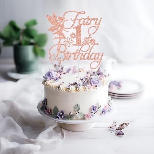 Fairy 1st Birthday Cake Topper, Fairy First Birthday Decorations, Girls 1st Bday Cake Decor, Floral Fairy Baby Shower Bday Party Decorations, Rose Gold Glitter