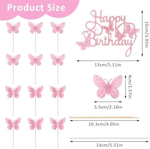 13 Pcs Pink Butterfly Cake Decorations 3D Pink Happy Birthday Cake Topper Birthday Cakes Toppers Butterfly Cupcake Topper for Girls Women Butterflies for Party Wedding Cakes Decor