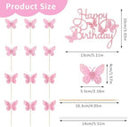 13pcs Happy Birthday Cake Topper for Girls Women's Pink Cake Decorations Wedding Butterfly Beautiful Glitter Butterfly Party Supplies Cupcake Decorators Suitable for Girls Birthday Celebrations