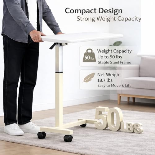 Adjustable Overbed Table with Wheels, Pneumatic Height Lift Rolling Bedside Table, Standing Desk for Home & Office Use, Ideal for Seniors & Limited Mobility(White)