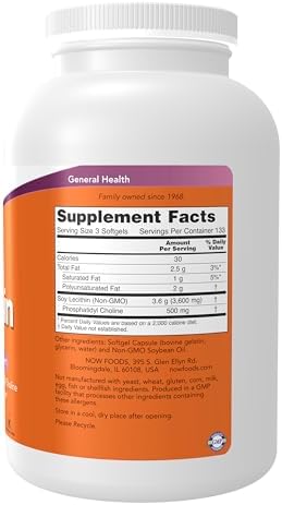 NOW Foods Supplements, Lecithin 1200 mg with naturally occurring Phosphatidyl Choline, 400 Softgels