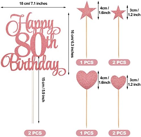 80th Birthday Cake Decorations Set Include 80th Birthday Candles Numeral 80 Cake Candles and Happy 80th Birthday Cake Toppers with Heart Star Cupcake Picks for Birthday Party (Rose Gold Series)