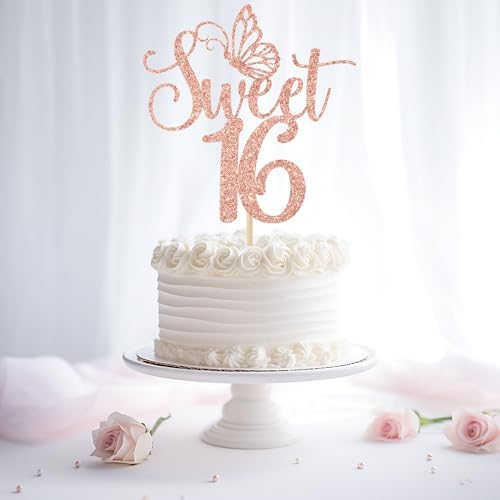 Sweet 16 Cake Topper, Happy 16th Birthday Cake Topper, Happy Sweet Sixteen Cake Decorations, 16th Birthday Party Decorations (Rose Gold Glitter)