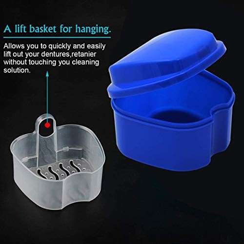 Denture Case, Denture Cup with Strainer, Coolrunner Denture Bath Box False Teeth Storage Box with Basket Net Container Holder for Travel, Retainer Cleaning (Blue) (Dark Blue)