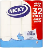 Nicky Soft Touch Toilet Tissue |Extra Value Pack – 32 Rolls of Extra Gentle White Toilet Paper |190 Sheets per Roll| 2-ply | Soft Tissue | Modern Embossing |Easy Opening | 100% FSC Certified Paper