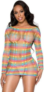 MUSIC LEGS Multi Net Rainbow Mini Dress with Vertical Stripes