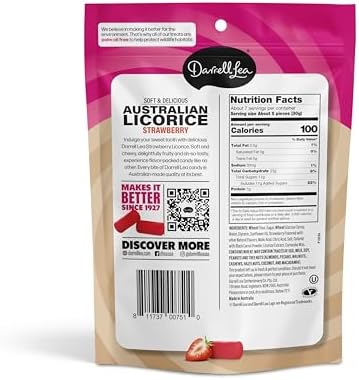 Darrell Lea Soft Australian Licorice, Non-GMO, No Palm Oil, Vegetarian Friendly, No High Fructose Corn Syrup, Soft & Chewy Licorice Candy, Made in Australia (Strawberry, 7 Ounce (Pack of 8))