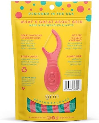 GRIN Kiddo Flossers, Berry Awesome Flavor, Recycled Plastic, Jumbo Grip, Get Your KIDDOS Flossin’ Early, Larger Floss Head, Child Safe! 80 Count, Floss Picks, Dental Flossers