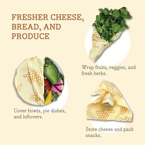 Bee's Wrap Beeswax Wraps for Food - Assorted 5 Pack of Beeswax Wraps - 2 Large & 3 Medium Wrap - Plastic Free Made in USA Reusable Natural Food Wrap - Honeycomb & Bees + Bears