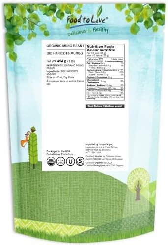 Food to Live Organic Mung Beans, 1 Pound – Non-GMO, Whole Dried Beans, Green Gram, Sproutable, Kosher, Sirtfood. Good Source of Fiber and Protein.