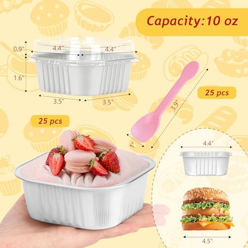 LNYZQUS 4” Mini Cake Pans with Lids 25 Pack,10oz Small Foil Baking Tins Individual Muffin Cups for Bread Brownies, Disposable Square Cupcake Containers for Wedding Holiday Bake Sale-White