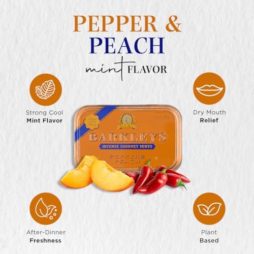 Barkleys Gourmet Pepper & Peach Breath Mints - Strong Pepper & Peach Flavor for Party, After Dinner, Wedding, Every Day Use-Vegan Mints In Reusable Classic Travel Tins, 6 Pack - 50 Count Each