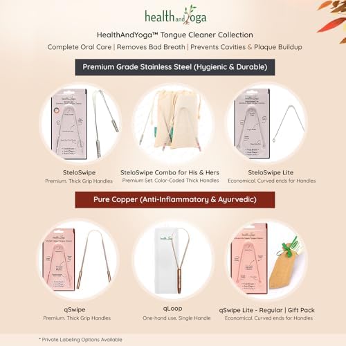 HealthAndYoga™ Tongue Cleaner Scraper with Storage Bag - Hygienic, Surgical Grade, Non-Synthetic Grip – Sterilizable Tongue Brush Cleaner (Surgical Steel - 1 Pack)