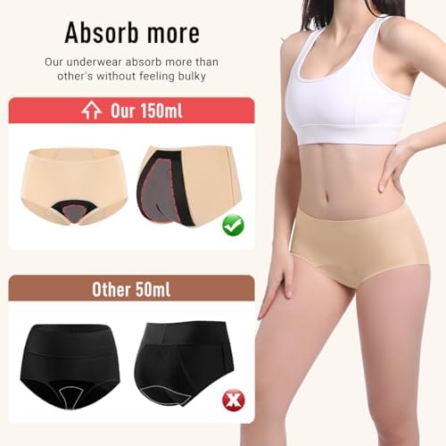 Carer Incontinence Underwear for Women Washable 150ml High Absorbent Leak Proof Underwear for Women Bladder Leak Womens Incontinence Panties 2 Pack Beige L