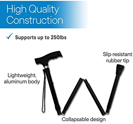 RMS Folding Cane - Foldable Walking Cane with Adjustable Height - Collapsible and Lightweight - Soft Ergonomic Handle for Comfortable Grip - Portable Walking Stick for Mobility Aid