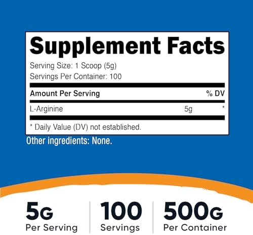 Nutricost L-Arginine Powder 500 Grams (1.1lbs) - Pure L-Arginine Powder - 5000mg Per Serving; 100 Servings