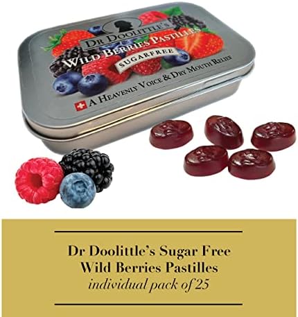 Dr. Doolittle’s Sugar Free Soft Fruit Pastilles for Voice and Throat, Wild Berries Flavor, 2.12 Ounce Tin, approximately 25 Count Package