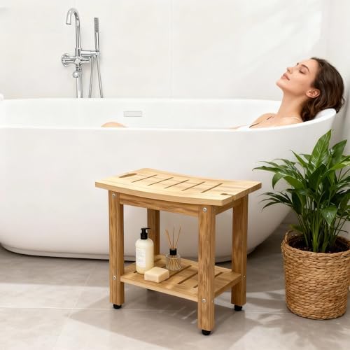 18.5" HDPE Shower Bench with Adjustable Feet & Storage Shelf, Waterproof Non-Slip Shower Stool for Inside Shower, Heavy Duty 400 LBS Shower Chair Seat for Bathroom/Indoor/Outdoor Use, Teak