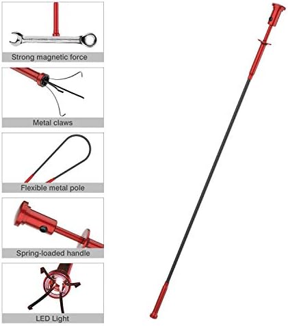 Housolution Grabber Tool Magnetic Four-claw Picker, Bendable Hose Reacher Pickup Sweeper with LED Lights, Flexible Long Handy Reaching Assist Tool for Litter Pick/Home Sink/Drain - Red