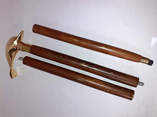 Brass Dolphin Shape Handle with Wooden Walking Stick Cane Golden & Brown Size 36 to 37" inch