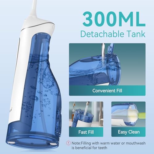 Water Dental Flossers for Teeth, 300ML Cordless Portable Electric Water Flosser, 4 Modes Oral Irrigator, Waterproof Rechargeable Water Floss for Deep Cleaning, Plaque Remover,Braces Home Travel Use