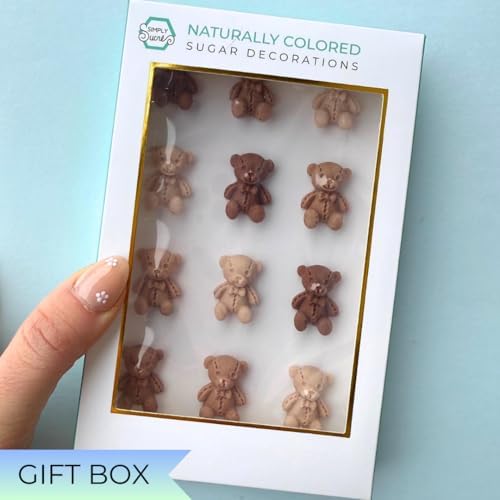 12 Dye Free Teddy Bear Edible Sugar Decorations, Vegan, Gluten-Free, Edible Cake Toppers for Cupcakes, Cookies & Desserts, by Simply Sucré (12 Teddy Bears)