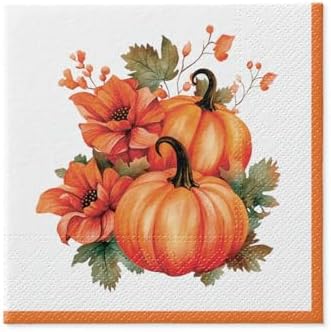 PAW - Paper Napkins (33 x 33 cm) I Pack of 20 3-Ply Paper Napkins I Disposable Napkins - Autumn, Pumpkins, Flowers I Pattern: Pumpkin Composition