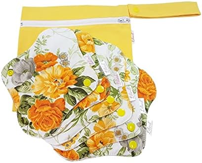 Lilind® 6 Pack Organic Cloth Pads, Regular 9 inch 100% Cotton Reusable Menstrual Sanitary Napkins, Free Wet bag, Complete set, Zero waste