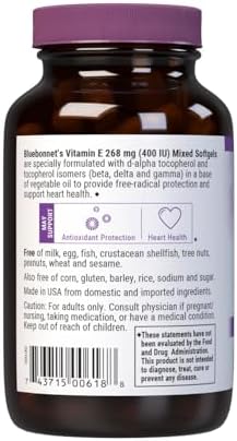 Bluebonnet Nutrition Vitamin E 400 IU (268 mg) Mixed Tocopherols Softgels, Free Radical Portection & Cardiovascular Support, Gluten-Free, Dairy-Free, Softgels, Servings, 100 Count