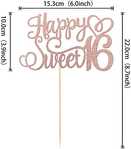 1 PCS Happy Sweet 16 Cake Topper Glitter 16th Birthday Cake Pick Cheers to 16 Years Birthday Cake Decoration for Happy 16th Anniversary Party Decorations Supplies Rose Gold
