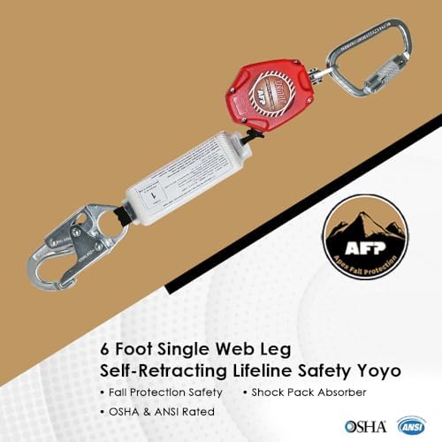 AFP Demon 6 Foot Single Web Leg Self Retracting Lifeline Safety Yoyo, Shock Pack Absorber, Steel Snap Hook & Steel Carabiner Fall Protection Arrest Limiter SRL | OSHA & ANSI Rated