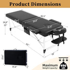 civama Massage Table Massage Bed Portable, 26 LBs Light Weight 2 Section Foldable Tattoo Bed Facial Care Spa Lash Bed Height Adjustable Sturdy Aluminum Frame with Accessories Carrying Bag, Black