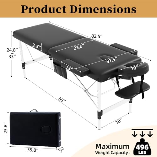 civama Massage Table Massage Bed Portable, 26 LBs Light Weight 2 Section Foldable Tattoo Bed Facial Care Spa Lash Bed Height Adjustable Sturdy Aluminum Frame with Accessories Carrying Bag, Black
