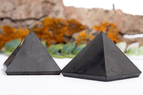 2 pcs Authentic Shungite Pyramid Polished - Black Stone Crystal for Whole House Protection and Meditation - Home Room Decor Office (50 mm / 1.96")